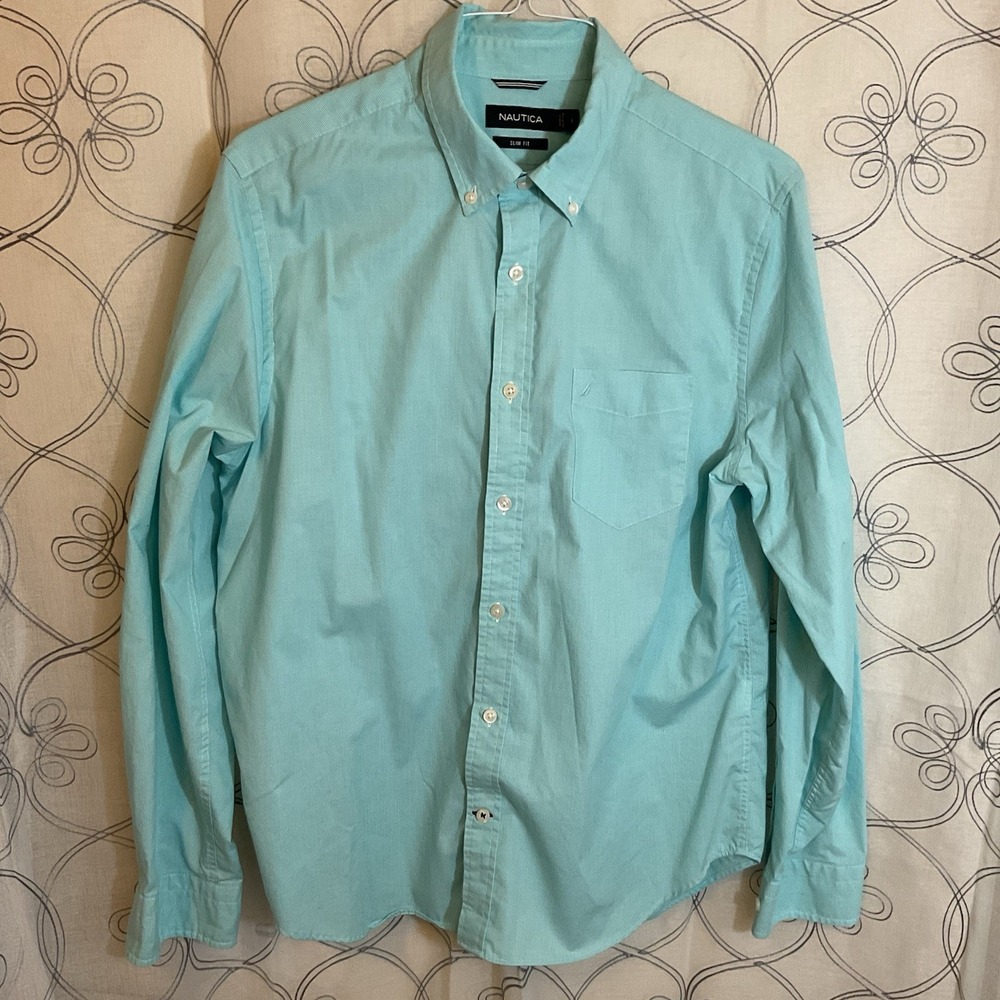 Men's Nautica Green Slim Fit Button Up Long Sleeve Size Large